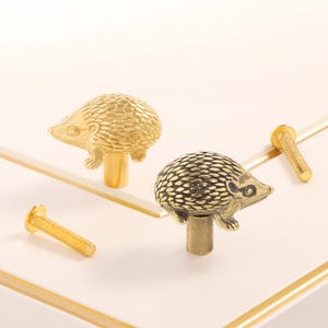 Op de afbeelding: Twee decoratieve kastknoppen in de vorm van een egel, in goud- en bronskleuren, met bijpassende schroeven. De knoppen hebben gedetailleerde texturen en zijn ontworpen om een ​​grillige toets aan meubels toe te voegen. De knoppen zijn van metaal.