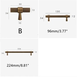 May include: Various bronze-toned cabinet hardware options are displayed, including a knob (20mm x 32mm), a T-bar pull (50mm x 34mm), and three bar pulls, ranging from 96mm/3.77" to 224mm/8.81" in length. All pulls are 12mm thick.