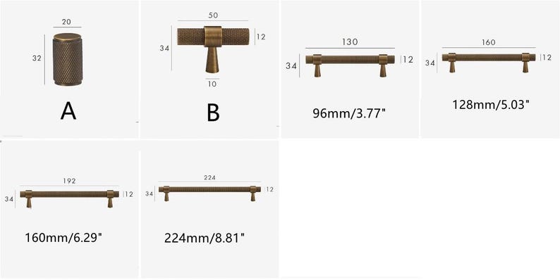 May include: Various bronze-toned cabinet hardware options are displayed, including a knob (20mm x 32mm), a T-bar pull (50mm x 34mm), and three bar pulls, ranging from 96mm/3.77" to 224mm/8.81" in length. All pulls are 12mm thick.
