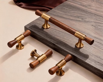 Poignée de porte de luxe vintage en noyer et laiton brossé, poignées de commode, poignées de meuble, poignées de porte longues, poignées de porte d'armoire, quincaillerie