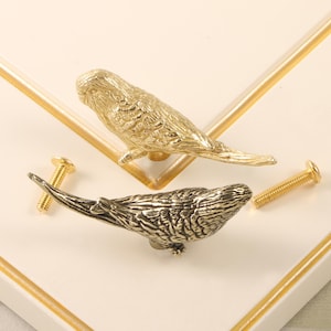 Könnte beinhalten: Zwei dekorative Vogelförmige Schrankknöpfe, einer goldfarben, der andere bronzefarben. Jeder Knopf wird von einer goldfarbenen Schraube begleitet. Die Knöpfe sind vor einem weißen Hintergrund mit goldenen Zierleisten platziert.
