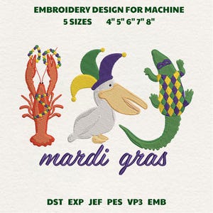 Mardi Gras alligator pelikan och kräftor maskinbroderifil (digital nedladdning)