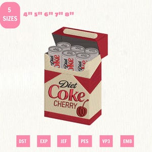 Könnte beinhalten: Ein Stickmuster einer Schachtel mit sechs silbernen Getränkedosen, beschriftet mit Diet Coke. Die Schachtel ist cremefarben und rot mit dem Text Diet Coke Cherry und einer Kirschgrafik. Das Bild zeigt 5 verfügbare Größen: 10 cm, 13 cm, 15 cm, 18 cm und 20 cm.