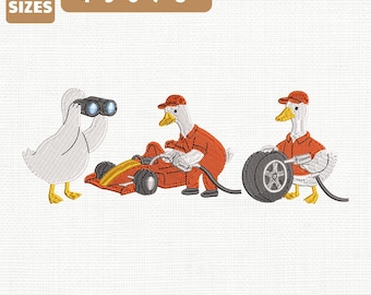 Archivo de bordado a máquina de coche de carreras Silly Goose, diseño de pato de carreras (descarga instantánea)