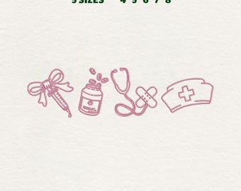 May include: Pink embroidery design for machine featuring medical symbols: syringe, medicine bottle, stethoscope, bandage, and nurse's cap. Text reads: EMBROIDERY DESIGN FOR MACHINE, 5 SIZES 4" 5" 6" 7" 8". File formats: DST EXP JEF PES VP3 EMB.