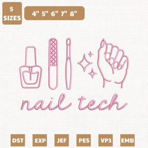 以下が含まれることがあります： ピンク色の線画デザイン。マニキュア、爪やすり、ブラシ、マニキュアされた手のイラスト。イラストの下には「nail tech」の文字。画像には10.16cmから20.32cmのサイズが含まれており、合計5つのサイズがあります。