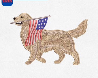 May include: An embroidery design for machine featuring a golden retriever dog holding an American flag in its mouth. The design includes the text "EMBROIDERY DESIGN FOR MACHINE" and "5 SIZES". The design is available in multiple file formats.