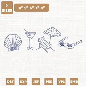 Könnte beinhalten: Ein Bild mit Stickmustern zum Thema Strand. Die Designs umfassen eine Muschel, einen Cocktail, einen Strandstuhl, einen Sonnenschirm und eine Sonnenbrille. Das Bild zeigt auch den Text "5 GRÖSSEN" und die Maße 10cm, 13cm, 15cm, 18cm und 20cm.
