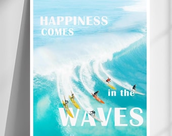 Beach Wall Art Ocean Surf Poster – Inspirational Quote Coastal Decor, Happiness Wave Print, Surfer Wall Art, Modern Beach House Decor