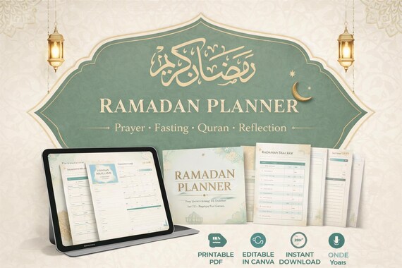 Ramadan planner Printable PDF | Islamic Prayer, Dua & Quran Tracker | Editable Canva