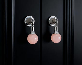 Pink Quartz Knob, Silver Brass Pulls, Pink Crystal Handles