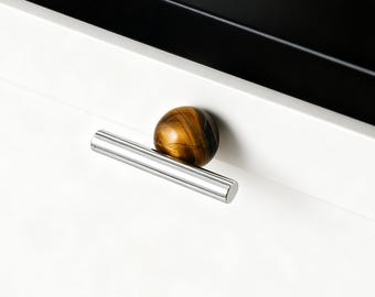 Tiger Eye Stone Knob, Brass Cabinet Pulls, Natural Stone handles