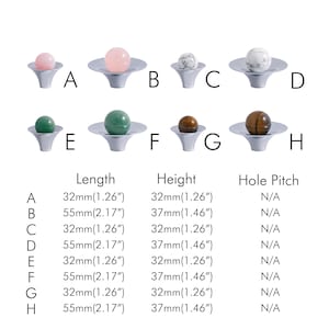 K&ouml;nnte beinhalten: Eine Auswahl an dekorativen Kn&ouml;pfen mit Edelstein-Kugeln, darunter Rosenquarz und Tigerauge, auf silberfarbenen Sockeln. Die Ma&szlig;e sind in mm und Zoll angegeben, mit L&auml;ngen von 32mm bis 55mm.