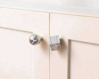 Silver Dice Knob, Brass Cabinet Handles, Modern Bathroom Pulls