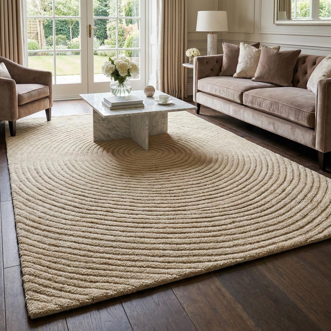 Neutral Beige Textured Area Rug With Subtle Circular Pattern for Living ...