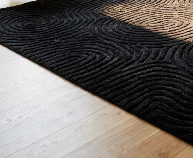 Minimalist Black Textured Area Rug Abstract Wave Pattern for Living ...