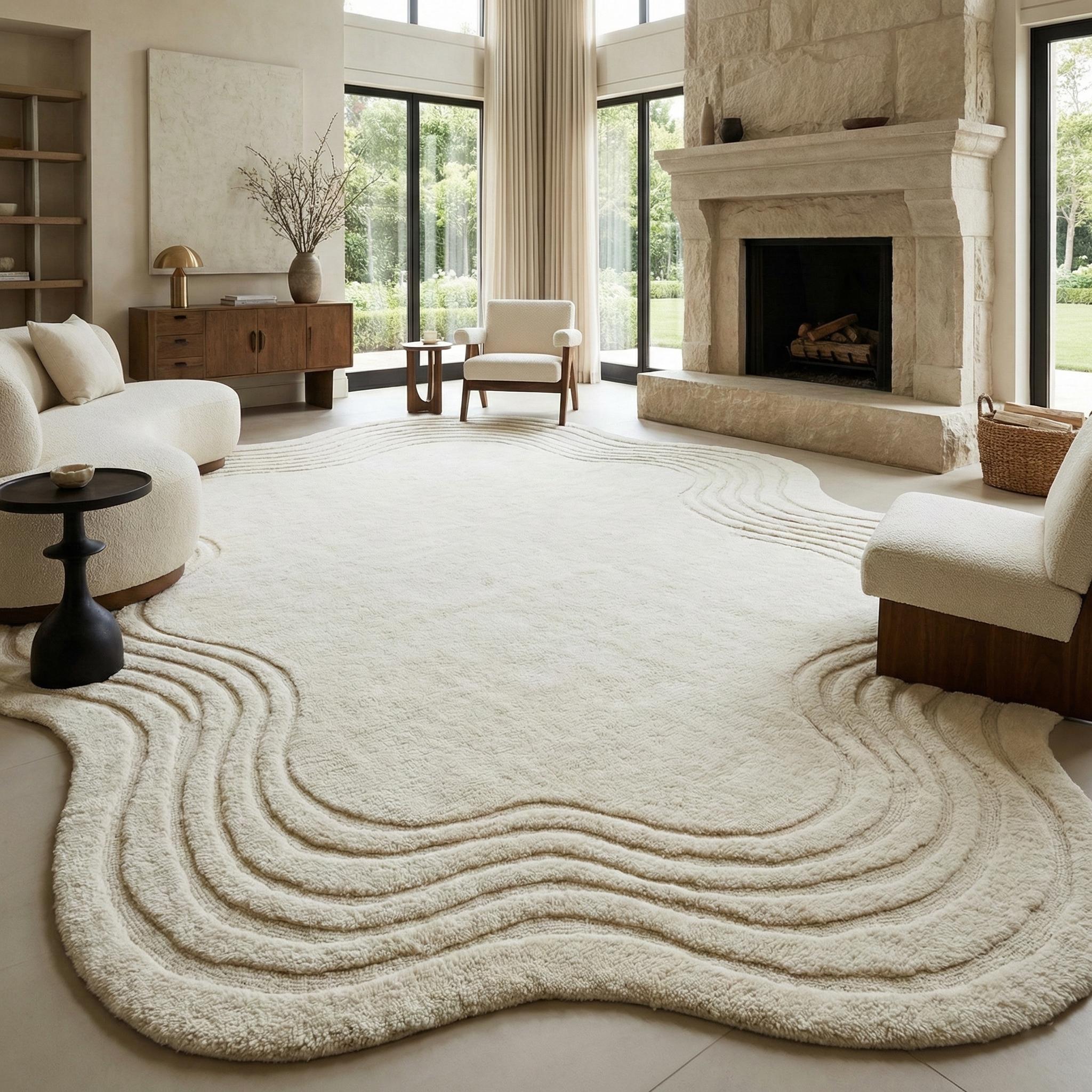 Abstract Wave Ivory Area Rug Modern Soft Plush Carpet for Living Room ...