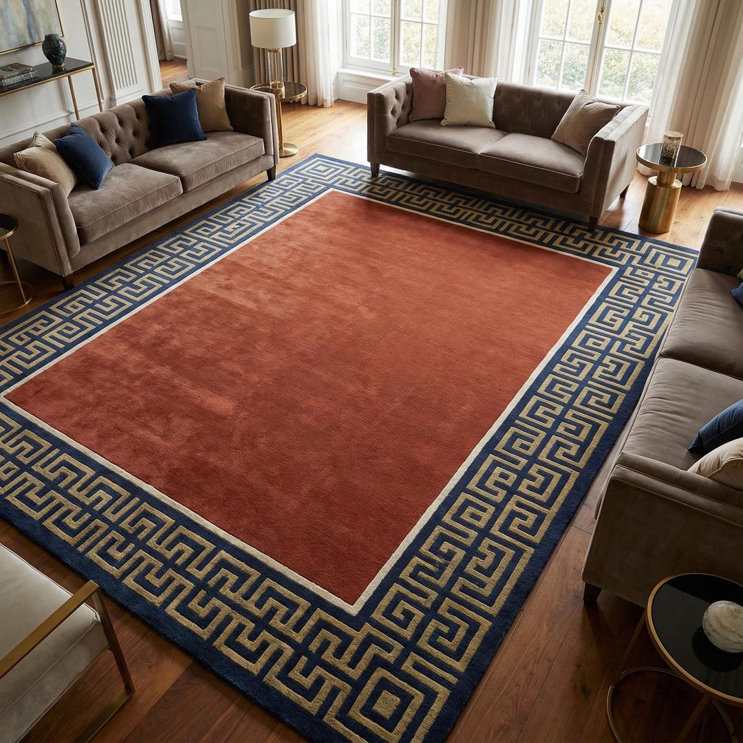 Rust Area Rug, Navy Greek Key Border, Classic Luxury Style - Etsy
