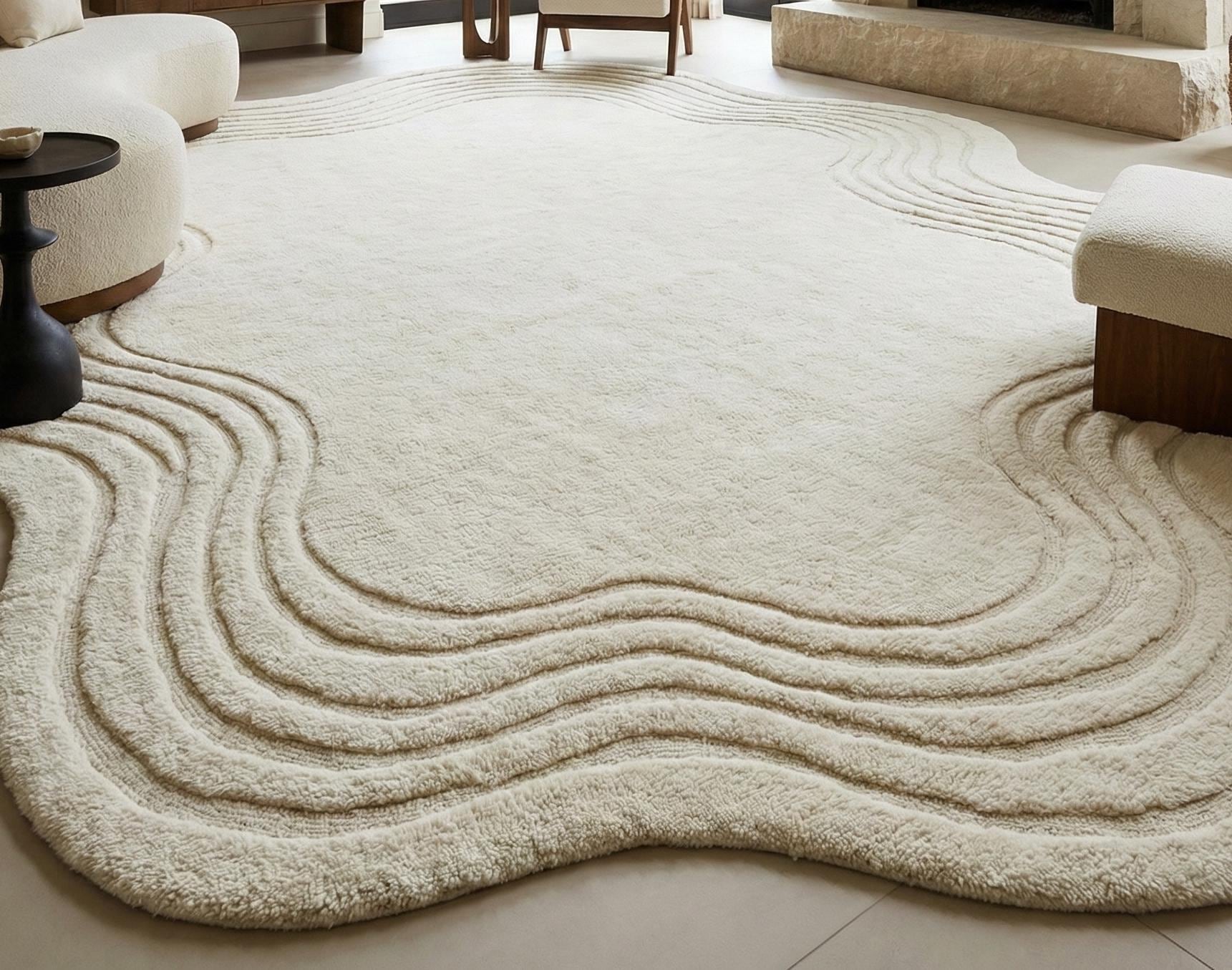 Abstract Wave Ivory Area Rug Modern Soft Plush Carpet for Living Room ...