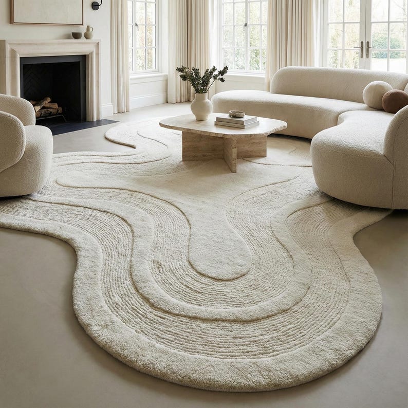 Neutral Abstract Rug Cream Handmade Cream Abstract Tufted Rug for Living Room , Bedroom , Nursery ...