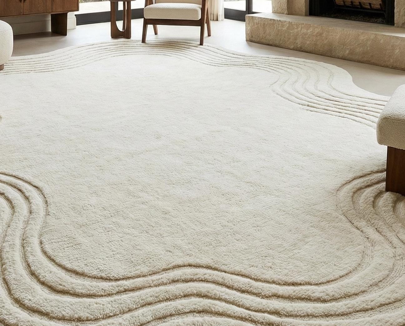 Abstract Wave Ivory Area Rug Modern Soft Plush Carpet for Living Room ...