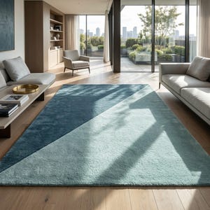 May include: A rectangular area rug featuring a diagonal split design with one half in a deep teal blue and the other half in a lighter, soft mint green. The rug has a plush, textured pile surface and is positioned on a light wood floor.