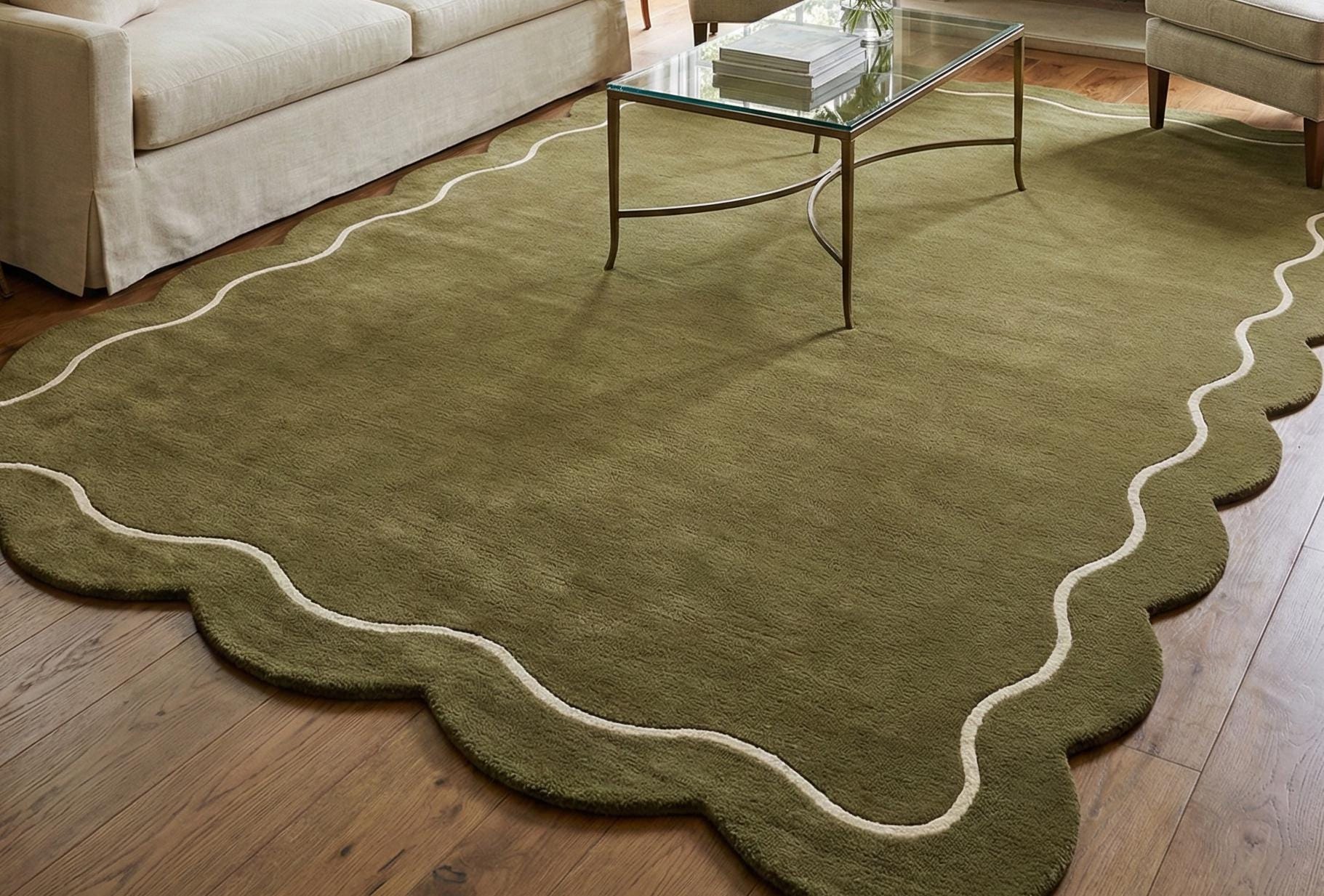 Green Scalloped Edge Area Rug for Living Room , Bedroom , Kid's Area ...