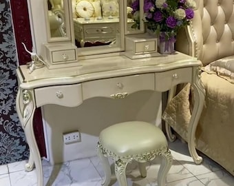 Tri Fold Mirror Vanity Table with Stool, French Ivory Makeup Vanity Desk, Vintage Dressing Table with 3 Panel Mirror