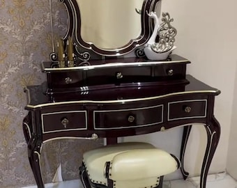 Luxury Dark Espresso Vanity Table with Mirror and Stool, Classic Wooden Makeup Vanity Desk, Elegant Dressing Table Set