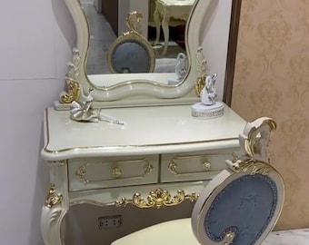 Luxury Ivory Vanity Table with Mirror and Chair, French Vintage Makeup Vanity Desk, Elegant Dressing Table Set with Gold Accents