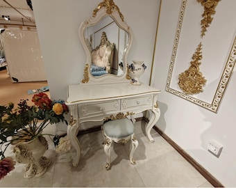 Luxury French Style Vanity Table with Mirror and Stool, White Gold Dressing Set