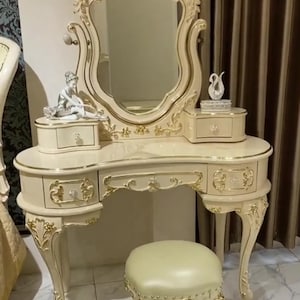 Luxury French Vanity Table with Mirror and Stool, Vintage White Makeup Vanity Desk with Drawers, Elegant Dressing Table Set