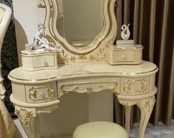 Luxury French Vanity Table with Mirror and Stool, Vintage White Makeup Vanity Desk with Drawers, Elegant Dressing Table Set