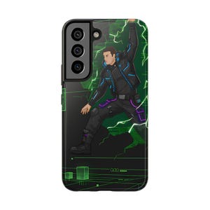 May include: Black phone case with a digital illustration of a person in a black and blue outfit against a green backdrop with lightning. The case has a black border and a camera cutout.