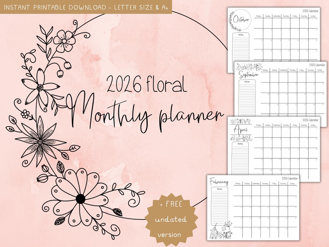 2026 Monthly Planner Printable | Minimal Floral Botanical Calendar ...
