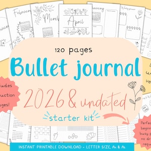 May include: A printable bullet journal starter kit with 120 pages, undated, and for 2026. Includes instruction pages, dotted and undotted versions, and various planner pages. The kit is designed for beginners and busy people.