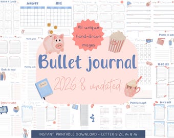 Bullet Journal Bundle 2026 and Undated| Printable BuJo Planner Pages Bundle | 40+ Journaling Pages | Hand-Drawn Images| Instant Download PDF