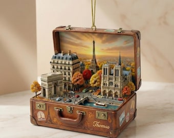 Personalized Paris Acrylic Ornament, Vintage Suitcase Travel Decor, Eiffel Tower Keepsake Gift, Custom Name Holiday Ornament