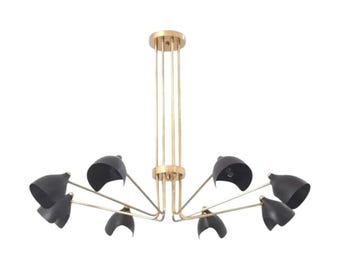Mid-Century Modern Duckbill Chandelier, 8-Light Matte Black & Brass
