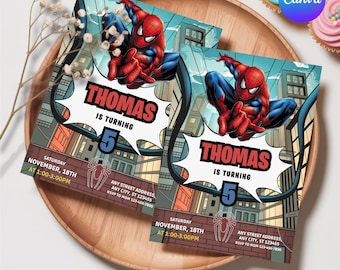 Spider-Man verjaardagsuitnodiging, bewerkbare en afdrukbare sjabloon, leuke Spider-Man-feestuitnodiging, eenvoudig te bewerken in canvas, direct downloaden