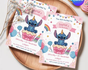 Stitch Birthday Invitation Template: Editable Canva Party Invite (5x7 inches) (Digital Download)