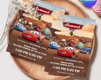 Cars Birthday Invitation, Birthday Invitation, Lightning McQueen Invitation, Kids Birthday Invitation, Editable Canva Template
