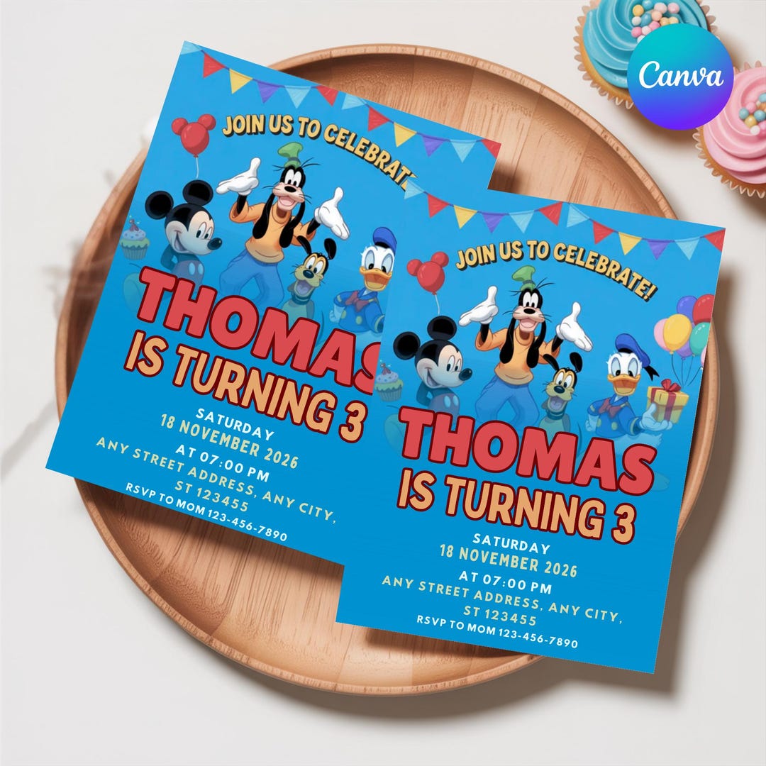Editable Mickey Mouse Clubhouse Birthday Invitation | Canva Birthday ...