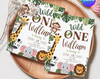 Safari Erster Geburtstag Evite, Wild One Geburtstag, 1. Geburtstag Digitale Einladung, Dschungel Erster Geburtstag Evite, Dschungeltiere Party Canva