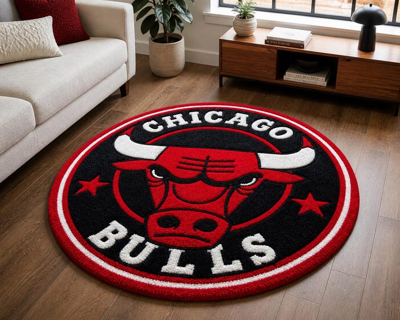 May include: A round rug featuring the Chicago Bulls logo. The rug has a black center with a red bull head and white horns. The words "CHICAGO" and "BULLS" are in white. A red and white border surrounds the logo.