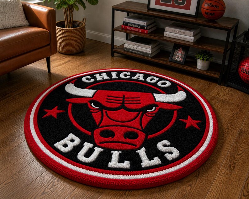 May include: A round rug featuring the Chicago Bulls logo. The rug has a black center with a red bull head and white lettering. A red and white border surrounds the logo. The rug is on a hardwood floor.