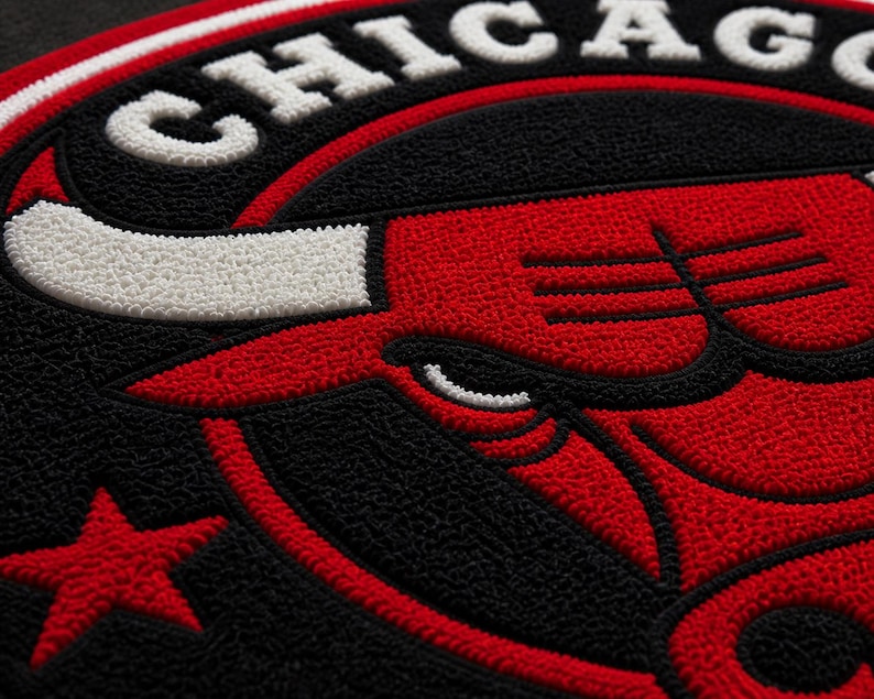 May include: Close-up of a circular patch featuring the word "CHICAGO" in white, above a red bull head. The patch has a black background with a red star and red outline. The design is embroidered.