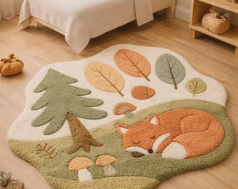Hand-Tufted Woodland Fox Rug, Nursery Animal Carpet, Kids Room Decor