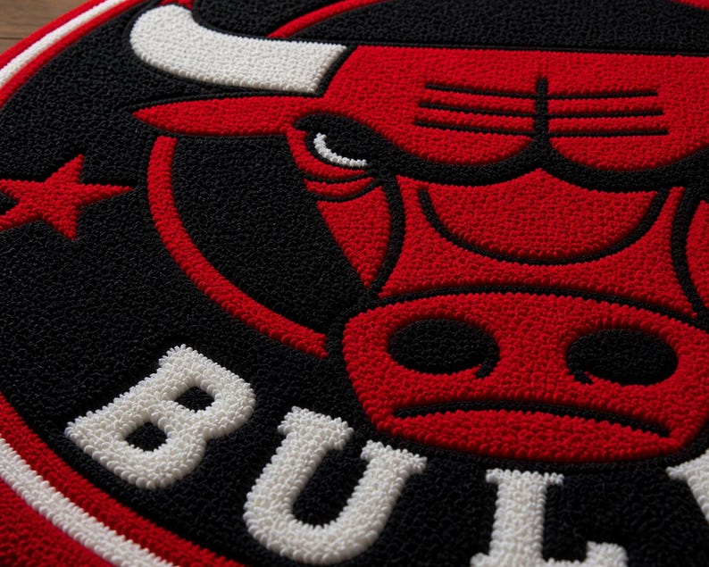 May include: Circular rug featuring the Chicago Bulls logo. The design includes a red bull head, a red star, and the word "BULLS" in white. The background is black with a red border.