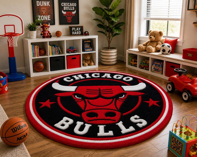 May include: A round Chicago Bulls logo rug with a red and white border. The rug features the team's bull logo in red and white against a black background. The word "CHICAGO" arches above the logo, and "BULLS" is below.